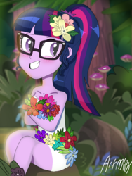 Size: 1800x2400 | Tagged: safe, artist:artmlpk, sci-twi, twilight sparkle, equestria girls, g4, blushing, crossed arms, cute, female, flower, flower in hair, plant, plants, ponytail, rose, smiling, solo, tree, twiabetes