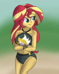 Size: 2400x3000 | Tagged: safe, artist:diaperednight, sunset shimmer, equestria girls, equestria girls series, g4, belly button, bikini, clothes, crossed arms, female, high res, smiling, solo, summer sunset, swimsuit