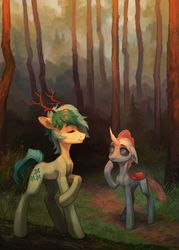 Size: 1600x2234 | Tagged: safe, artist:koviry, ocellus, sandbar, changedling, changeling, earth pony, pony, g4, branches for antlers, duo, female, forest, male, ship:ocelbar, shipping, straight, teenager