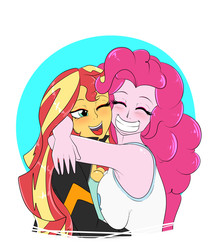 Size: 2600x3000 | Tagged: safe, artist:albertbm, pinkie pie, sunset shimmer, equestria girls, armpits, asymmetrical docking, big breasts, blushing, breast squish, breasts, busty pinkie pie, busty sunset shimmer, cleavage, clothes, cute, eyes closed, female, grin, high res, hug, smiling, symmetrical docking