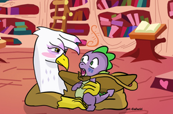 Size: 1000x660 | Tagged: safe, artist:pacce, gilda, spike, dragon, griffon, g4, blushing, book, female, golden oaks library, hug, ladder, looking at each other, lying down, male, ship:spilda, shipping, spikelove, straight, tail wrap