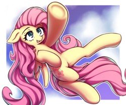 Size: 2500x2100 | Tagged: safe, artist:rockset, fluttershy, pegasus, pony, g4, cloud, cute, cutie mark, female, high res, looking at you, mare, reaching, shyabetes, sky, smiling, solo, spread wings, underhoof, wings