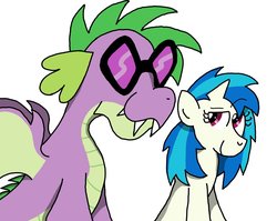 Size: 1024x816 | Tagged: safe, artist:numbuh-27, dj pon-3, spike, vinyl scratch, dragon, pony, unicorn, g4, accessory swap, cute, female, glasses, male, mare, older, older spike, shipping, smiling, straight, swag, vinyl's glasses, vinylspike, winged spike, wings