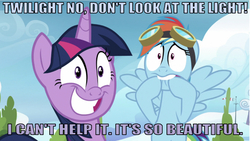 Size: 644x363 | Tagged: safe, edit, edited screencap, editor:undeadponysoldier, screencap, rainbow dash, twilight sparkle, alicorn, pegasus, pony, g4, top bolt, a bug's life, adoracreepy, biting, caption, cloudsdale, colored text, creepy, creepy smile, cute, female, funny, funny as hell, goggles, happy, hoof biting, image macro, mare, meme, reference, scared, silly face, smiling, text, twilight sparkle (alicorn), warning
