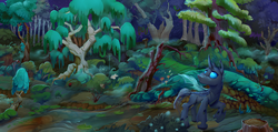 Size: 3000x1429 | Tagged: safe, artist:viwrastupr, oc, oc only, oc:nictis, changeling, fanfic:without a hive, changeling oc, fanfic, fanfic art, fanfic cover, fangs, forest, looking back, night, raised hoof, scenery, solo, tree