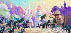 Size: 3000x1419 | Tagged: safe, artist:viwrastupr, queen chrysalis, oc, oc:cara, oc:chirrup, oc:nictis, oc:skiris, oc:sky, oc:trip, changeling, changeling queen, fanfic:a new way, g4, armor, canterlot, changeling oc, changeling officer, fanfic, fanfic art, fanfic cover, female, helmet, magic, royal guard armor, telekinesis