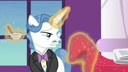 Size: 1920x1080 | Tagged: safe, screencap, fancypants, pony, unicorn, between dark and dawn, g4, cup, magic, male, newspaper, solo, stallion, tablecloth, teacup