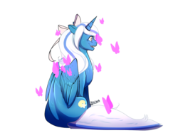 Size: 1033x774 | Tagged: safe, artist:thebrokendevil, oc, oc:fleurbelle, alicorn, butterfly, pony, alicorn oc, bow, butterfly on nose, female, hair bow, happy, insect on nose, mare, sitting, surprised, yellow eyes