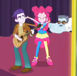 Size: 260x257 | Tagged: safe, screencap, dirk thistleweed, max steele, pinkie pie, accountibilibuddies, accountibilibuddies: pinkie pie, equestria girls, g4, my little pony equestria girls: choose your own ending, acoustic guitar, clothes, concert, cropped, female, guitar, male, musical instrument, outdoors, push, security guard, shoes, sneakers, stage, tackle, tree