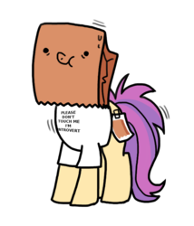 Size: 600x700 | Tagged: safe, artist:paperbagpony, oc, oc:paper bag, earth pony, pony, clothes, fake cutie mark, introversion, paper bag, scrunchy face, shaking, shirt, simple background, sweat, white background