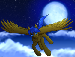 Size: 2672x2040 | Tagged: safe, artist:enderbee, artist:marilyn, oc, oc only, oc:crushingvictory, pegasus, pony, cloud, collaboration, fluffy, full moon, high res, male, moon, solo, spread wings, stallion, stars, wings