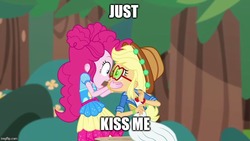 Size: 800x450 | Tagged: source needed, safe, applejack, pinkie pie, human, accountibilibuddies, equestria girls, g4, my little pony equestria girls: better together, cute, female, kissy face, lesbian, meme, ship:applepie, shipping