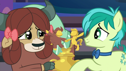 Size: 1280x720 | Tagged: safe, screencap, sandbar, yona, earth pony, pony, yak, g4, she's all yak, bow, bowtie, cloven hooves, female, hair bow, monkey swings, teenager, trophy