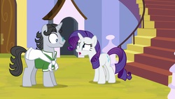Size: 1920x1080 | Tagged: safe, screencap, jet set, rarity, pony, unicorn, between dark and dawn, g4, door, female, glasses, looking at each other, male, mare, stairs, stallion, sweat