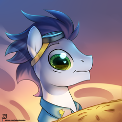 Size: 2000x2000 | Tagged: safe, artist:jedayskayvoker, soarin', pegasus, pony, g4, clothes, eyes on the prize, food, goggles, heart eyes, high res, male, pie, smiling, solo, stallion, that pony sure does love pies, uniform, wingding eyes, wonderbolts dress uniform