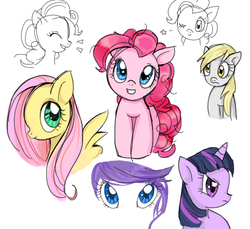 Size: 600x550 | Tagged: safe, artist:milk4ppl, derpy hooves, fluttershy, pinkie pie, rarity, twilight sparkle, earth pony, pegasus, pony, unicorn, g4, colored sketch, cute, female, mare, simple background, sketch, sketch dump, white background
