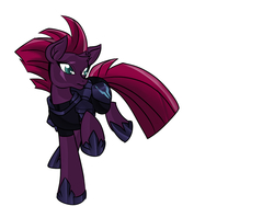 Size: 1200x900 | Tagged: safe, artist:mad'n evil, tempest shadow, pony, g4, armor, broken horn, eye scar, female, horn, mare, raised hoof, scar, simple background, solo