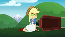 Size: 1920x1080 | Tagged: safe, screencap, applejack, accountibilibuddies, equestria girls, equestria girls series, g4, my little pony equestria girls: choose your own ending, spoiler:eqg series (season 2), clothes, dress, female, geode of super strength, hips, magical geodes, solo, wheelbarrow