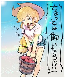 Size: 1000x1200 | Tagged: safe, artist:ceitama, applejack, human, g4, apple, carrying, clothes, female, food, humanized, japanese, shirt, shorts, solo, sweat