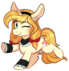 Size: 827x848 | Tagged: safe, artist:daydreamsyndrom, oc, oc:vive, pony, unicorn, bow, chibi, clothes, cuffs (clothes), female, maid, mare, one eye closed, pigtails, simple background, tongue out, transparent background