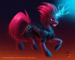 Size: 1000x800 | Tagged: safe, artist:silberry, tempest shadow, pony, unicorn, g4, armor, broken horn, eye scar, female, horn, mare, open mouth, raised hoof, scar, solo, sparking horn
