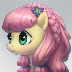 Size: 1158x1158 | Tagged: safe, artist:agaberu, fluttershy, pegasus, pony, g4, alternate hairstyle, beautiful, bust, chromatic aberration, female, flower, flower in hair, hair ornament, looking away, mare, portrait, simple background, solo, thousand yard stare, three quarter view