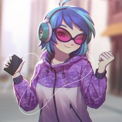 Size: 1158x1158 | Tagged: safe, artist:agaberu, dj pon-3, vinyl scratch, human, equestria girls, g4, chromatic aberration, clothes, cute, female, headphones, hoodie, looking at you, music player, one eye closed, phone, smiling, solo, sunglasses, vinylbetes, wink