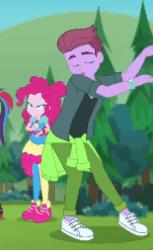 Size: 155x253 | Tagged: safe, screencap, duke suave, pinkie pie, rainbow dash, accountibilibuddies, equestria girls, equestria girls series, g4, spoiler:choose your own ending (season 2), spoiler:eqg series (season 2), animated, clothes, dancing, gif, male, offscreen character, pants, shoes, sneakers