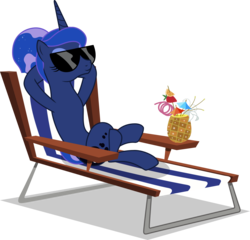 Size: 2162x2079 | Tagged: safe, artist:sonofaskywalker, princess luna, alicorn, pony, between dark and dawn, g4, beach chair, belly, chair, concave belly, crazy straw, crossed legs, drink, female, high res, hooves behind head, mare, ponytail, relaxing, simple background, slender, solo, sunglasses, thin, transparent background, vector
