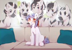 Size: 3000x2100 | Tagged: safe, alternate version, artist:dagmell, oc, oc:clair, oc:clairvoyance, pony, unicorn, zebra, bronycon, blushing, couch, high res, pillow, piper perri surrounded, ribbon