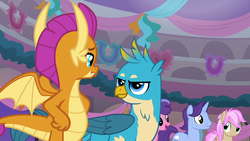 Size: 1280x720 | Tagged: safe, screencap, berry blend, berry bliss, gallus, november rain, smolder, strawberry scoop, dragon, griffon, pony, unicorn, g4, she's all yak, background pony, dragoness, female, friendship student, hand on hip, looking at each other, male, mare, stallion