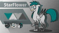 Size: 3840x2160 | Tagged: safe, artist:checkered, oc, oc only, oc:starflower(check's), hybrid, original species, pony, abstract background, character select, claws, ear piercing, fangs, female, floppy ears, high res, hybrid dinosaur, mare, piercing, reference sheet, solo