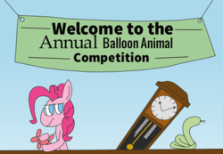 Size: 3776x2610 | Tagged: safe, artist:rainbowbacon, pinkie pie, dog, swan, g4, atg 2019, balloon, clock, competition, high res, newbie artist training grounds