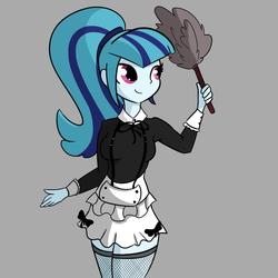 Size: 1280x1280 | Tagged: safe, alternate version, artist:tjpones, sonata dusk, equestria girls, g4, clothes, cute, duster, female, fishnet stockings, gray background, maid, simple background, smiling, socks, solo, sonatabetes, thigh highs