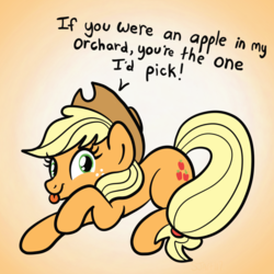 Size: 2100x2100 | Tagged: safe, artist:sjart117, part of a set, applejack, pony, g4, :p, applejack's hat, bad pickup line, cowboy hat, female, flirting, freckles, hat, high res, looking at you, mare, pickup lines, prone, silly, solo, speech, tongue out