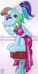 Size: 797x1522 | Tagged: safe, artist:dstears, artist:rainbow eevee, color edit, edit, rainbow dash, pegasus, pony, g4, sparkle's seven, alternate hairstyle, clothes, colored, cute, cutie mark, dashabetes, dress, ear piercing, earring, female, jewelry, makeup, mare, megaradash, necklace, piercing, rainbow dash is not amused, regalia, simple background, sitting, solo, stool, trace, unamused