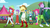 Size: 1280x720 | Tagged: safe, screencap, applejack, duke suave, pinkie pie, rainbow dash, scribble dee, starlight, accountibilibuddies, equestria girls, g4, my little pony equestria girls: choose your own ending, background human, clothes, dancing, eyes closed, female, glasses, legs, male, pants, pantyhose, rainbow socks, shoes, shorts, sky, sneakers, socks, striped socks