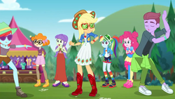 Size: 1280x720 | Tagged: safe, screencap, applejack, peppermint azure, pinkie pie, rainbow dash, scribble dee, starlight, accountibilibuddies, equestria girls, equestria girls series, g4, spoiler:choose your own ending (season 2), spoiler:eqg series (season 2), applejack's hat, background human, boots, clothes, cowboy boots, cowboy hat, cute, dancing, dress, eyes closed, female, glasses, hat, legs, male, pantyhose, scribblebetes, shoes, sky, sneakers, socks