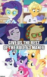 Size: 500x819 | Tagged: safe, applejack, dirk thistleweed, fluttershy, pinkie pie, ragamuffin (g4), rainbow dash, rarity, twilight sparkle, accountibilibuddies, equestria girls, equestria girls series, g4, spring breakdown, spoiler:choose your own ending (season 2), spoiler:eqg series (season 2), accountibilibuddies: rainbow dash, blushing, caption, female, geode of shielding, image macro, magical geodes, male, rule 63, text