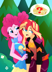 Size: 2379x3264 | Tagged: safe, artist:xan-gelx, pinkie pie, sunset shimmer, equestria girls, equestria girls series, g4, sunset's backstage pass!, spoiler:eqg series (season 2), churros, duo, duo female, female, food, geode of sugar bombs, high res, magical geodes, music festival outfit, outdoors