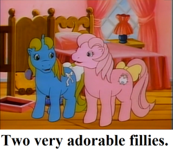 Size: 757x651 | Tagged: safe, edit, edited screencap, editor:korora, screencap, baby ribbon, baby tiddley-winks, g1, little piece of magic, my little pony 'n friends, bed, bow, captain obvious, caption, curtains, cute, lamp, tail bow, text