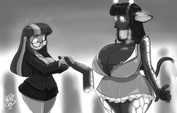 Size: 3228x2062 | Tagged: safe, artist:shonuff44, twilight sparkle, oc, oc:g.i.n.a, android, giraffe, human, anthro, big breasts, breasts, clothes, commission, freak out, glasses, glowing, glowing eyes, glowing horn, handshake, horn, huge breasts, humanized, modular, surprised