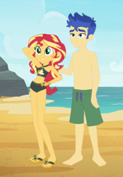 Size: 502x720 | Tagged: safe, artist:3d4d, flash sentry, sunset shimmer, equestria girls, equestria girls series, g4, barefoot, beach, belly button, bikini, clothes, feet, female, flip-flops, legs, male, male feet, partial nudity, ship:flashimmer, shipping, straight, summer sunset, swimsuit, topless