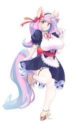 Size: 1003x1600 | Tagged: safe, artist:larkdraws, oc, oc only, oc:pop candy, unicorn, anthro, unguligrade anthro, anthro oc, clothes, female, looking at you, maid, peace sign, solo, unshorn fetlocks