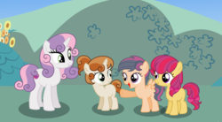 Size: 2692x1488 | Tagged: safe, artist:staricy097, sweetie belle, oc, oc:ally, oc:pear bloom, oc:rain, earth pony, pegasus, pony, unicorn, g4, female, filly, offspring, older, parent:apple bloom, parent:button mash, parent:sweetie belle, parent:tender taps, parents:sweetiemash, parents:tenderbloom