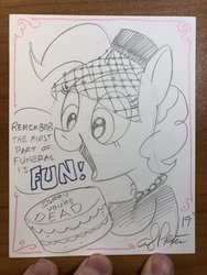 Size: 1536x2048 | Tagged: safe, artist:andypriceart, idw, pinkie pie, g4, spoiler:comic, andy you magnificent bastard, cake, clothes, dark comedy, food, funeral, monochrome, smiling, traditional art