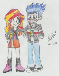 Size: 1024x1315 | Tagged: safe, artist:stella-exquisa, flash sentry, sunset shimmer, equestria girls, g4, cute, female, food, ice cream, ice cream cone, male, ship:flashimmer, shipping, straight, traditional art
