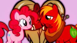 Size: 1280x720 | Tagged: safe, big macintosh, pinkie pie, earth pony, pony, g4, female, flower in mouth, heart pony, horse collar, male, pinkiemac, rose, rose in mouth, shipping, straight, wallpaper