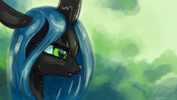 Size: 1920x1080 | Tagged: safe, artist:kp-shadowsquirrel, queen chrysalis, changeling, changeling queen, g4, bust, female, portrait, smiling, solo, wallpaper