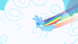Size: 1280x720 | Tagged: safe, screencap, rainbow dash, pegasus, pony, g4, cloud, female, mare, opening, solo, theme song